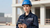 Site manager in a blue hard hat and a navy work jacket with GEWERKTON lettering holding a smartphone on a construction site