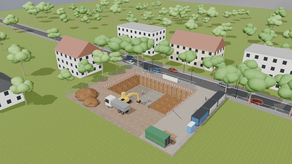 Animated aerial view of one fictional building site in five phases, from excavation pit to finished apartment house