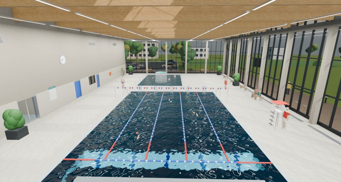 Rendered indoor swimming pool seen from the diving board, with lane ropes, a lifeguard chair and a glass facade