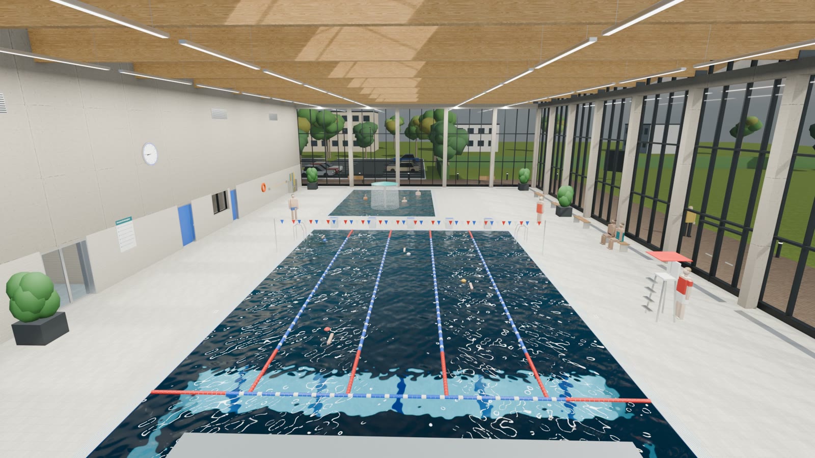 Rendered indoor swimming pool seen from the diving board, with lane ropes, a lifeguard chair and a glass facade
